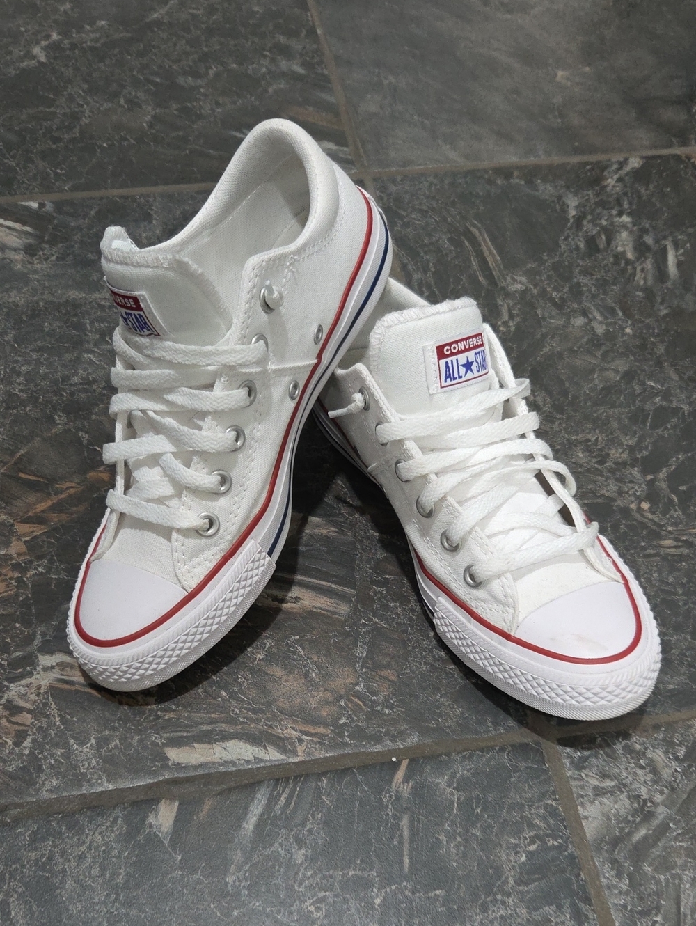 Converse WOMEN White Canvas Low Top Sneakers with Red & Blue Stripe
